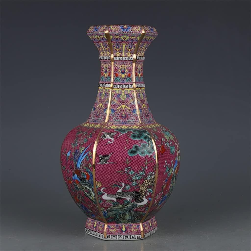 ZSEDP Enamel Red Flower and Bird Hexagonal Vase Antique Jingdezhen Porcelain Household Chinese Decoration