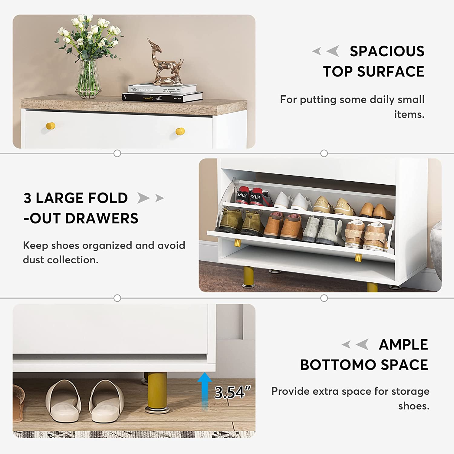 Tribesigns 3 Drawer Shoe Cabinet, Freestanding Shoe Rack Storage Organizer with Flip Door, Modern Tipping Bucket Shoe Cabinet for Entryway, Hallway, Bedroom, Small Spaces, White