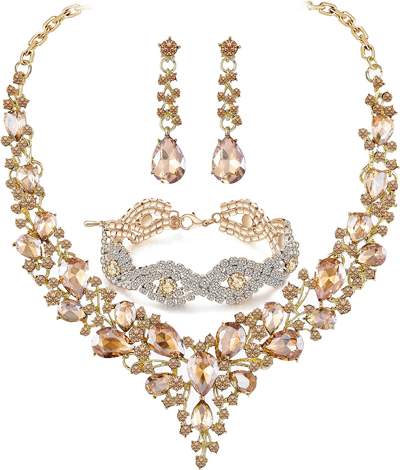 Paxuan Silver/Gold Plated Women Wedding Bridal Jewelry Set Prom Crystal Rhinestone Statement Choker Necklace Teardrop Earrings Link Bracelet Tiaras Crown Jewelry Sets for bride bridesmaid Wedding