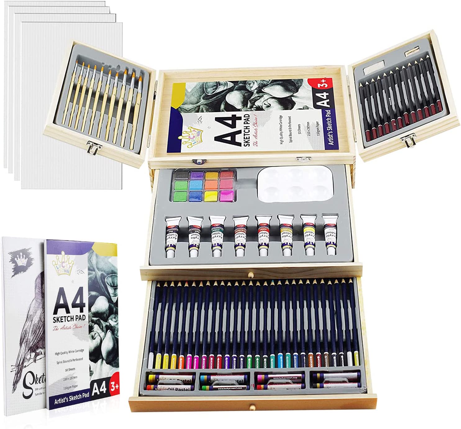 Deluxe Art Supplies, 88 Pieces Art Set in Portable Wooden Case, with 2 Drawing Books and 4 Canvas Panels, Professional Art Set for Painting & Drawing, Art Kit for Kids, Teens and Adults/Gift