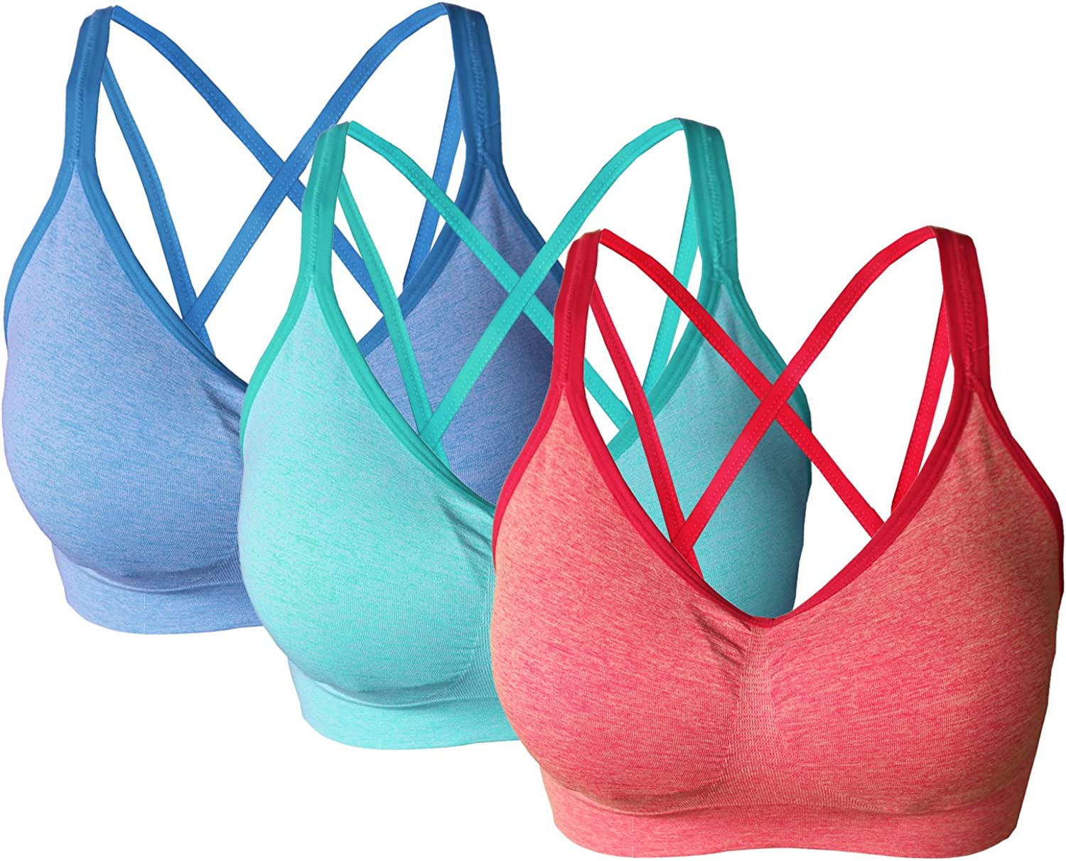 AKAMC 3 Pack Women's Medium Support Cross Back Wirefree Removable Cups Yoga Sport Bra