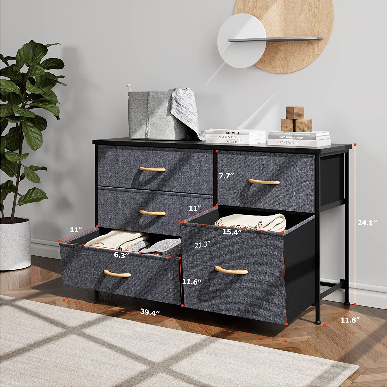 Nicehill Dresser for Bedroom with 5 Drawers， Storage Drawer Organizer， Wide Chest of Drawers for Closet， Clothes， Kids， Baby， TV Stand with Storage Drawers， Wood Board， Fabric Drawers(Black Grey)