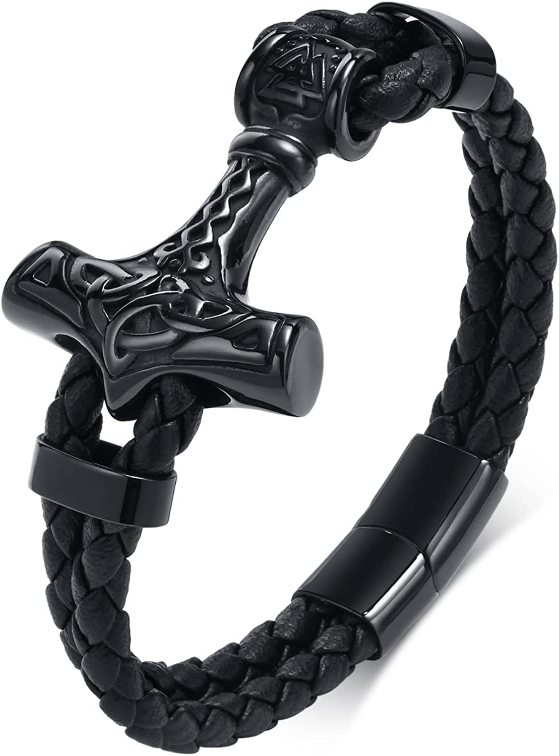 VNOX Two-Strand Braided Leather Cuff Wristband Bead Rope Bracelet Engraved Egyptian Eye of Horus/Viking Vegvisir Bracelet,Pagan Jewelry