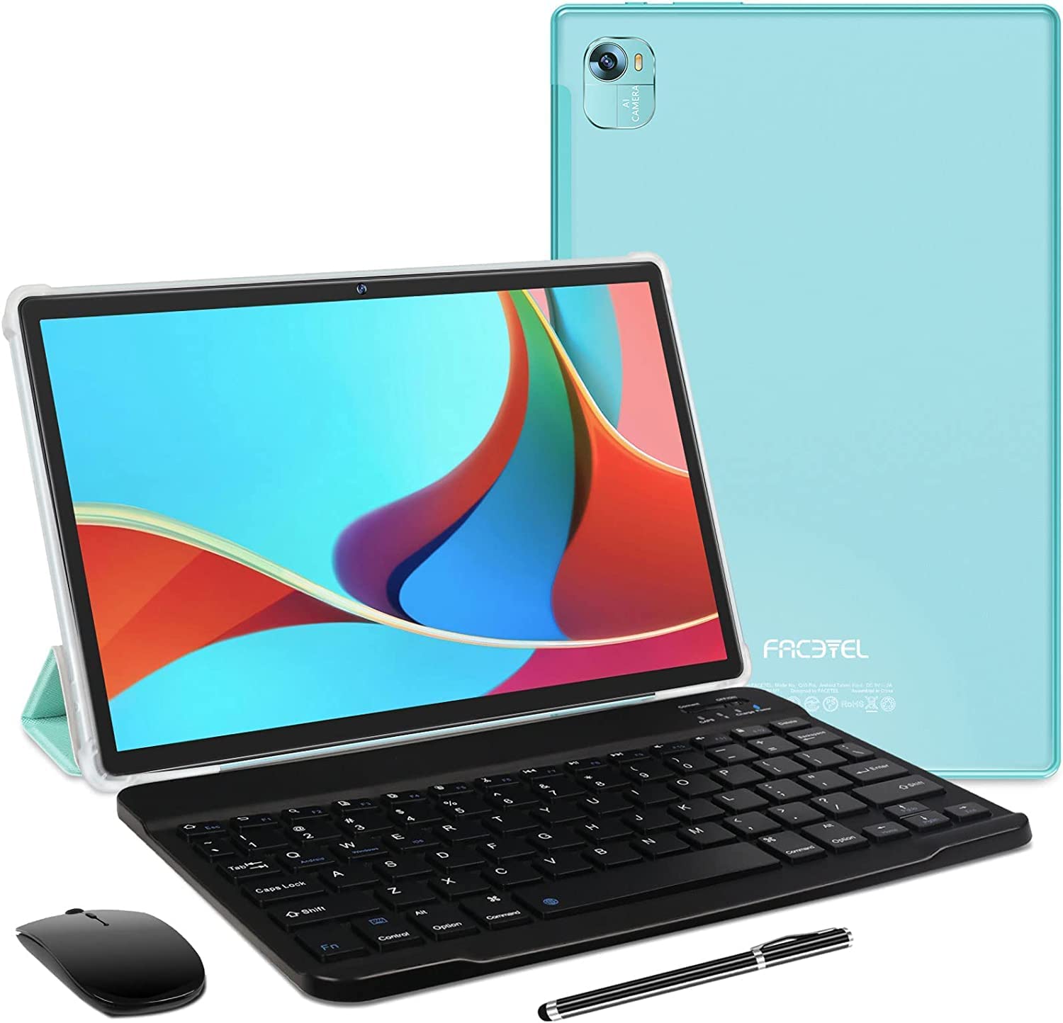 FACETEL Android 11 Tablet 10" Q10PRO Tablets:4GB RAM|128GB ROM|5G Wi-Fi|Octa-Core|8000mAh|Bluetooth|Google Certified Tablet with Keyboard, Mouse, Earphones etc./Support Split Screen-Green