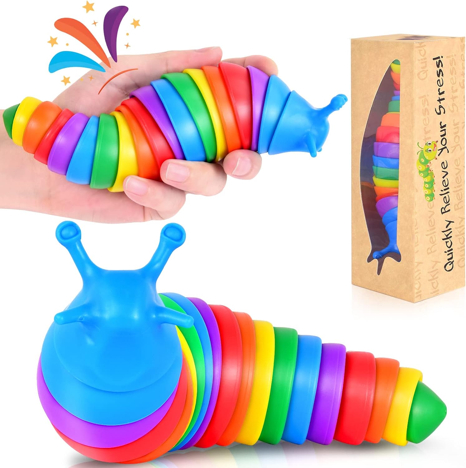 Fidget Slug Toy, Autism Sensory Toys for Autistic Children, Flexible Articulating Rainbow Slug Toys, Novelty Stim Toy for Kids, Adults, Birthday Gifts, Easter Basket Stuffers(Rainbow)