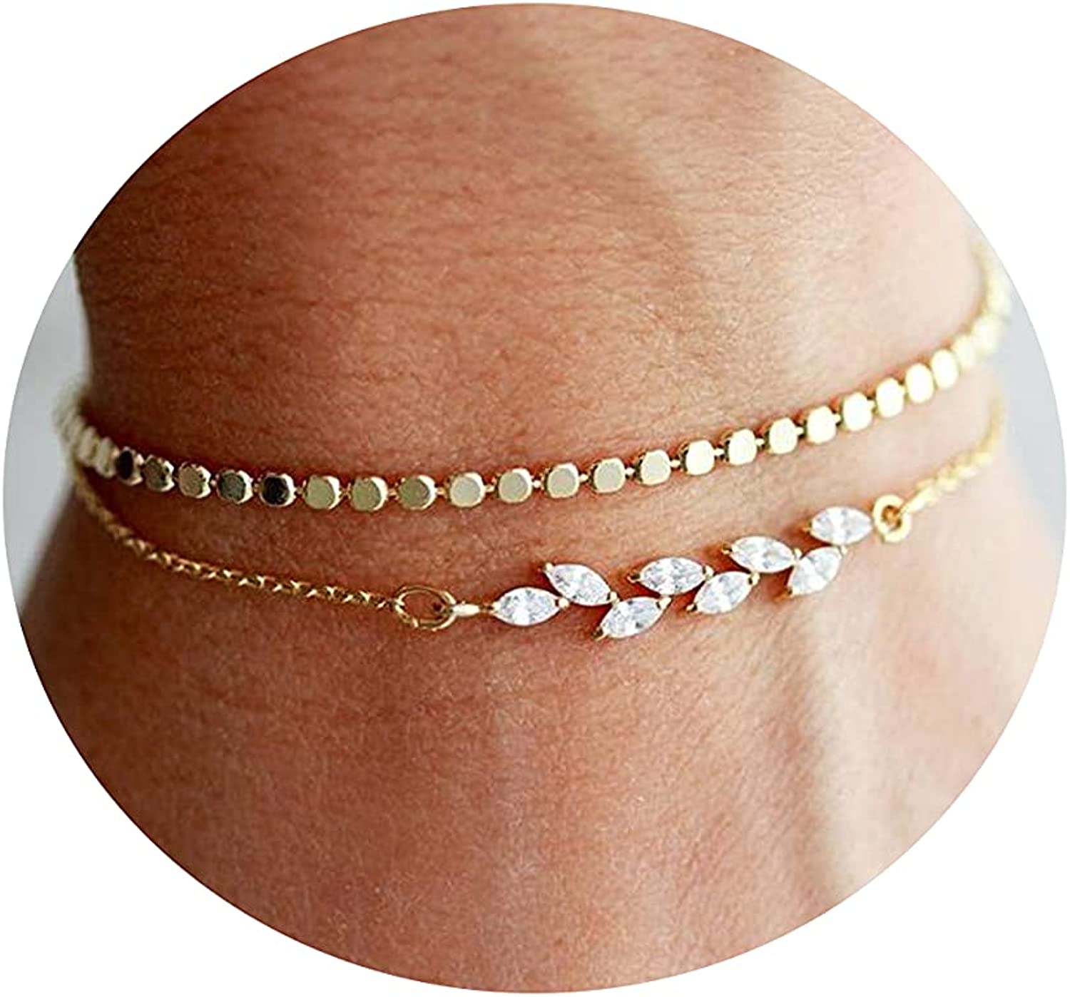 MIDEEO Gold Plated Bracelets for Women Dainty Layered Herringbone Twisted Rope Chain Bracelets Set Layering Dot CZ Leave Beaded Bracelets Dainty Cubic Zirconia Tennis Chain Bracelet Jewelry Gifts