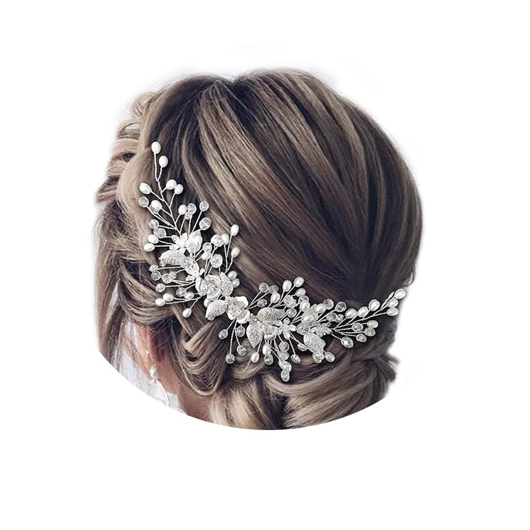 Easedaily Bride Wedding Hair Vine Silver Flower Leaf Bridal Headpieces Pearl Hair Accessories for Women and Girls