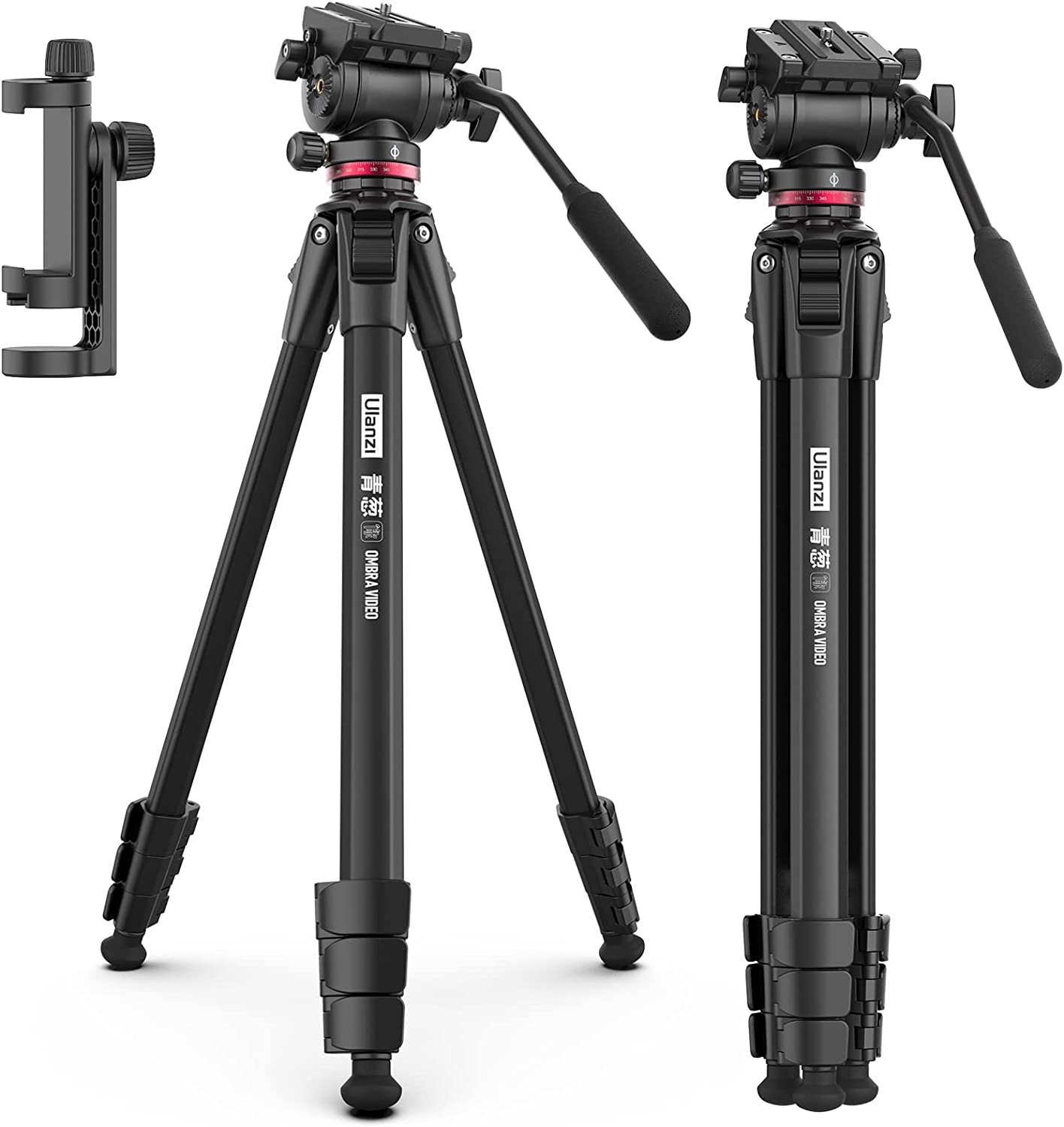 ULANZI MT-56 Ombra Video Travel Tripod, 63" Professional Camera Tripod with Fluid Pan-tilt Head, Aluminum DSLR Tripod Max Load 13.2 LB for Nikon Canon DSLR Camcorder, Phone Holder Included
