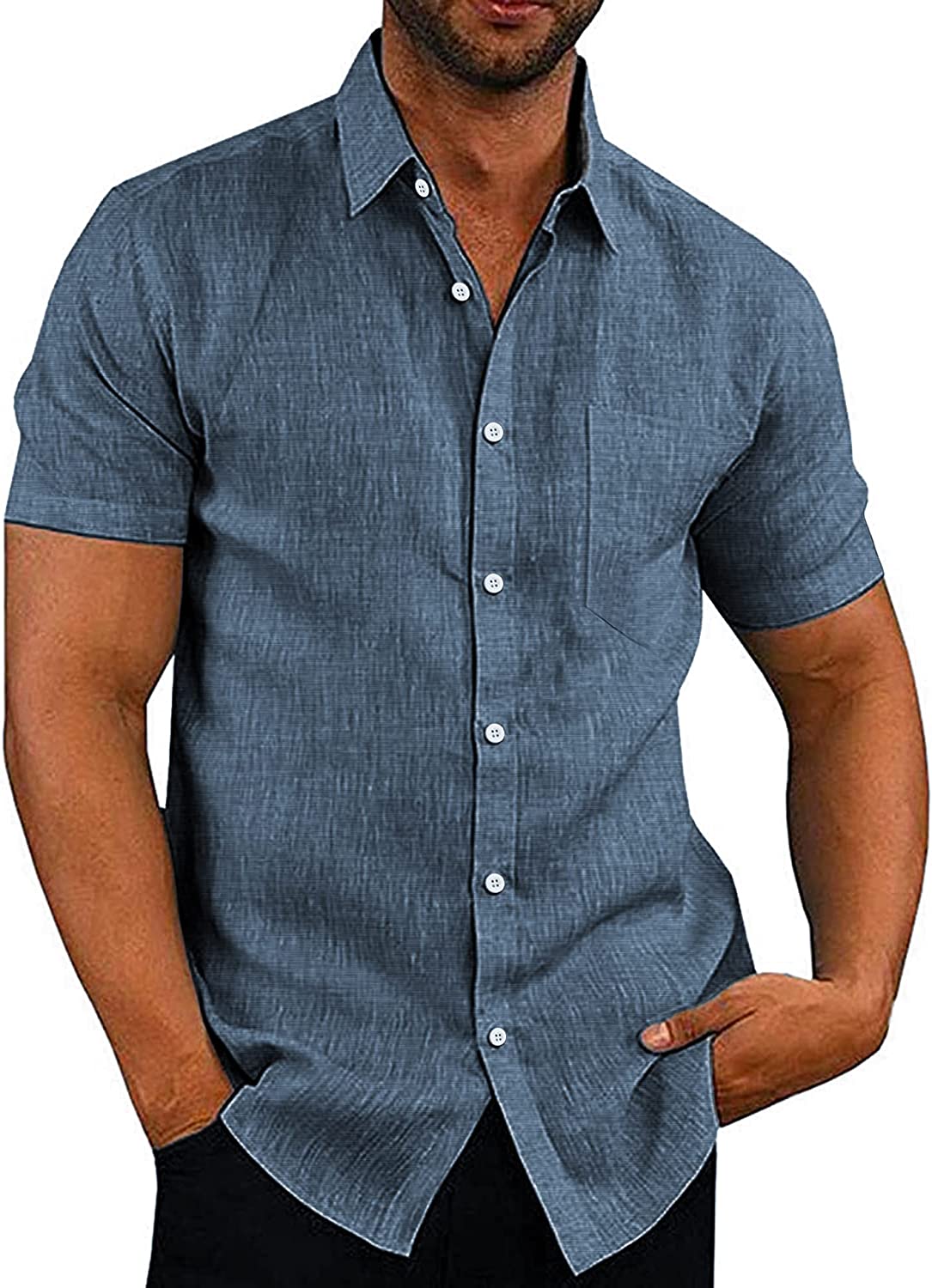COOFANDY Men's Casual Linen Button Down Shirt Short Sleeve Beach Shirt