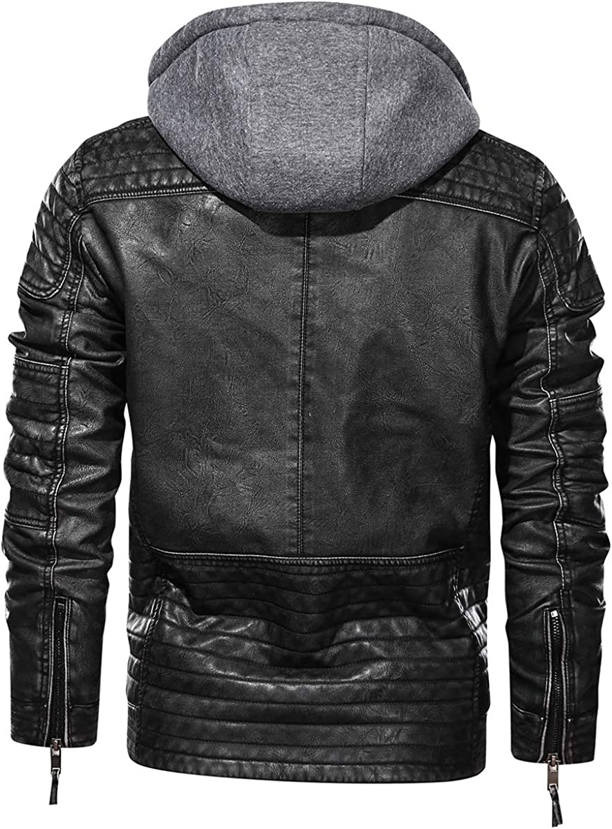 CARWORNIC Men's Faux Leather Jacket Casual Brown Motorcycle Jacket with Removable Hood
