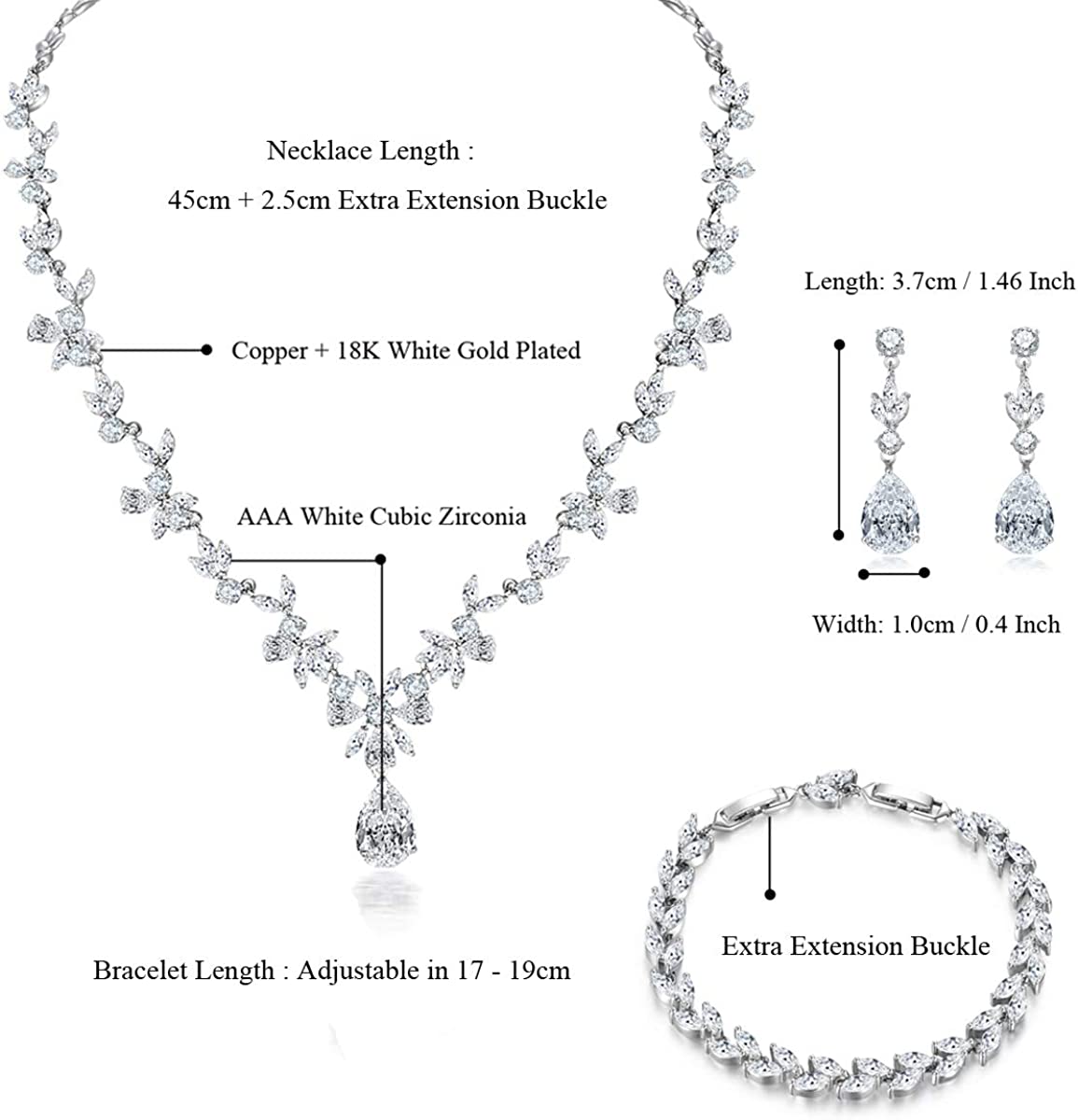 Hadskiss Jewelry Set for Women, Necklace Dangle Earrings Bracelet Set, White Gold Plated Jewelry Set with White AAA Cubic Zirconia, Allergy Free Wedding Party Jewelry for Bridal Bridesmaid