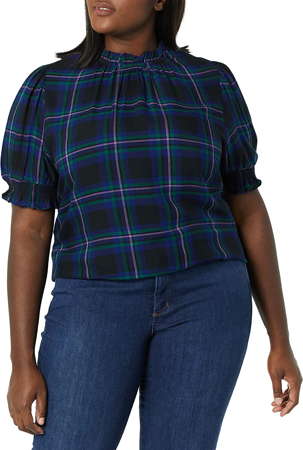 Amazon Essentials Women's Fluid Twill Short Puff Sleeve Smock Detail Shirt