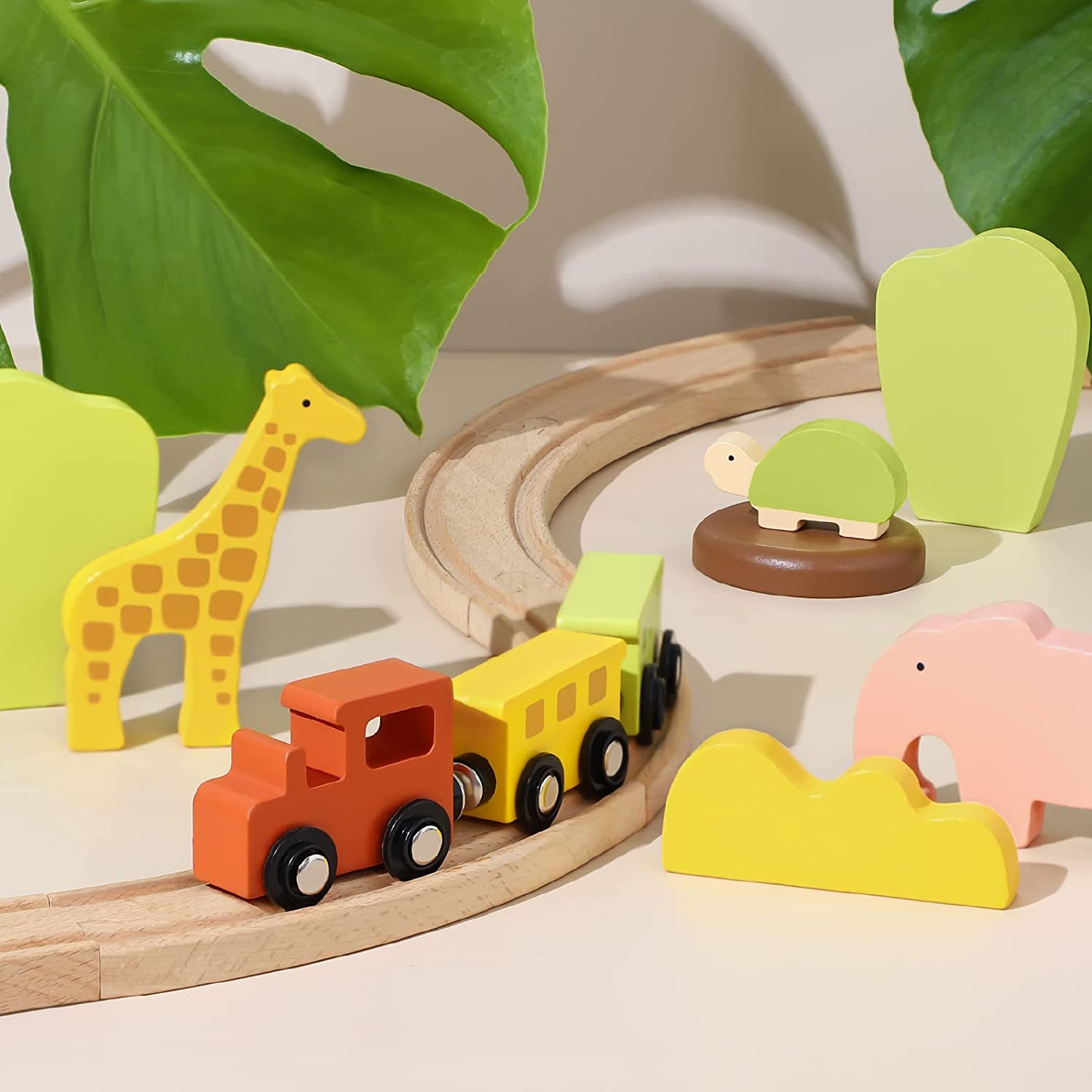 Toddler Toys Wooden Train Set for Toddler with Train Tracks, Train Toys Toddler Train Set for 18 Month 1 2 3 4 Year Old Boys and Girls, Wooden Train Track Fits Brio/Thomas/Melissa and Doug