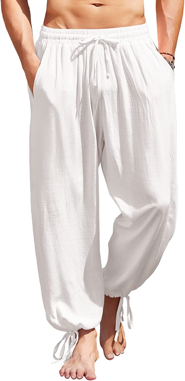 COOFANDY Men's Cotton Linen Pants Causal Harem Pants Elastic Waist Beach Boho Yoga Trousers