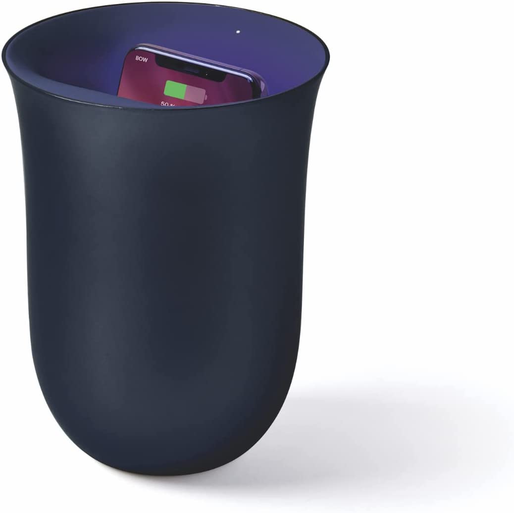 Lexon OBLIO Wireless Phone Charger with UV Light Sanitizer, QI certified fast charging station 10W and clinically proven cell phone cleaner, compatible with Iphone & Android, Unique Design - DARK BLUE