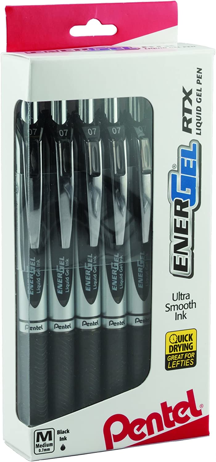 Pentel EnerGel RTX RT Liquid Gel Pen, Med, Metal Tip, 0.7mm, Black Ink, 12-Pk Window Box of 12 (BL77PC12A1)