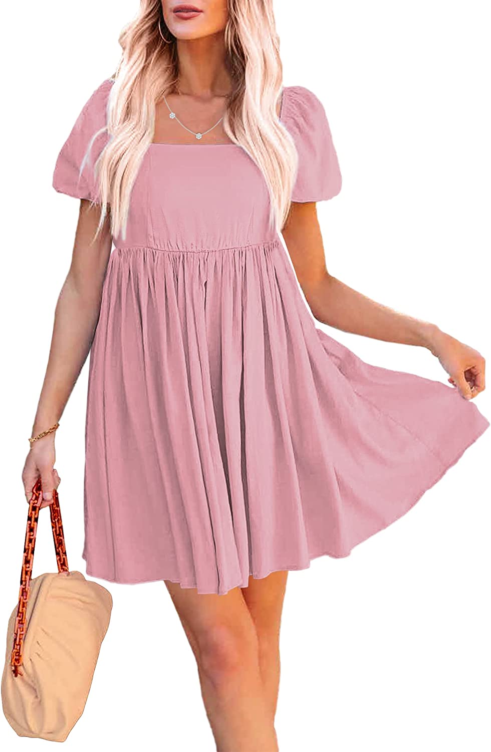 luvamia Summer Dresses for Women Square Neck Off The Shoulder Puff Sleeve A-line Short Flowy Babydoll Dress