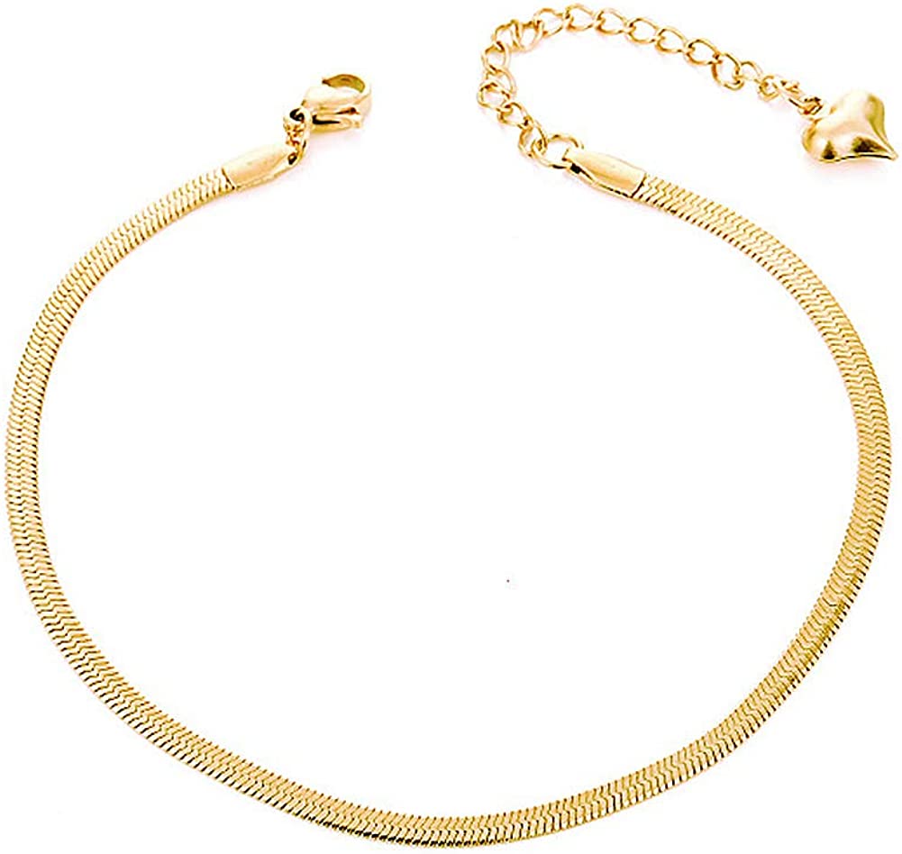 QJLE 18K Gold Plated Flat Snake Chain Link Dainty Ankle Bracelets for women, Boho Cute Summer Beach Anklet Foot Jewelry