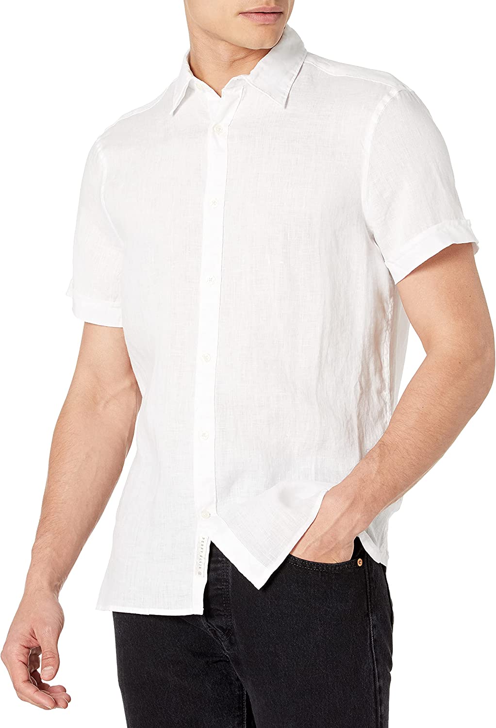 Perry Ellis Men's Short Sleeve 100% Linen Button-up Shirt