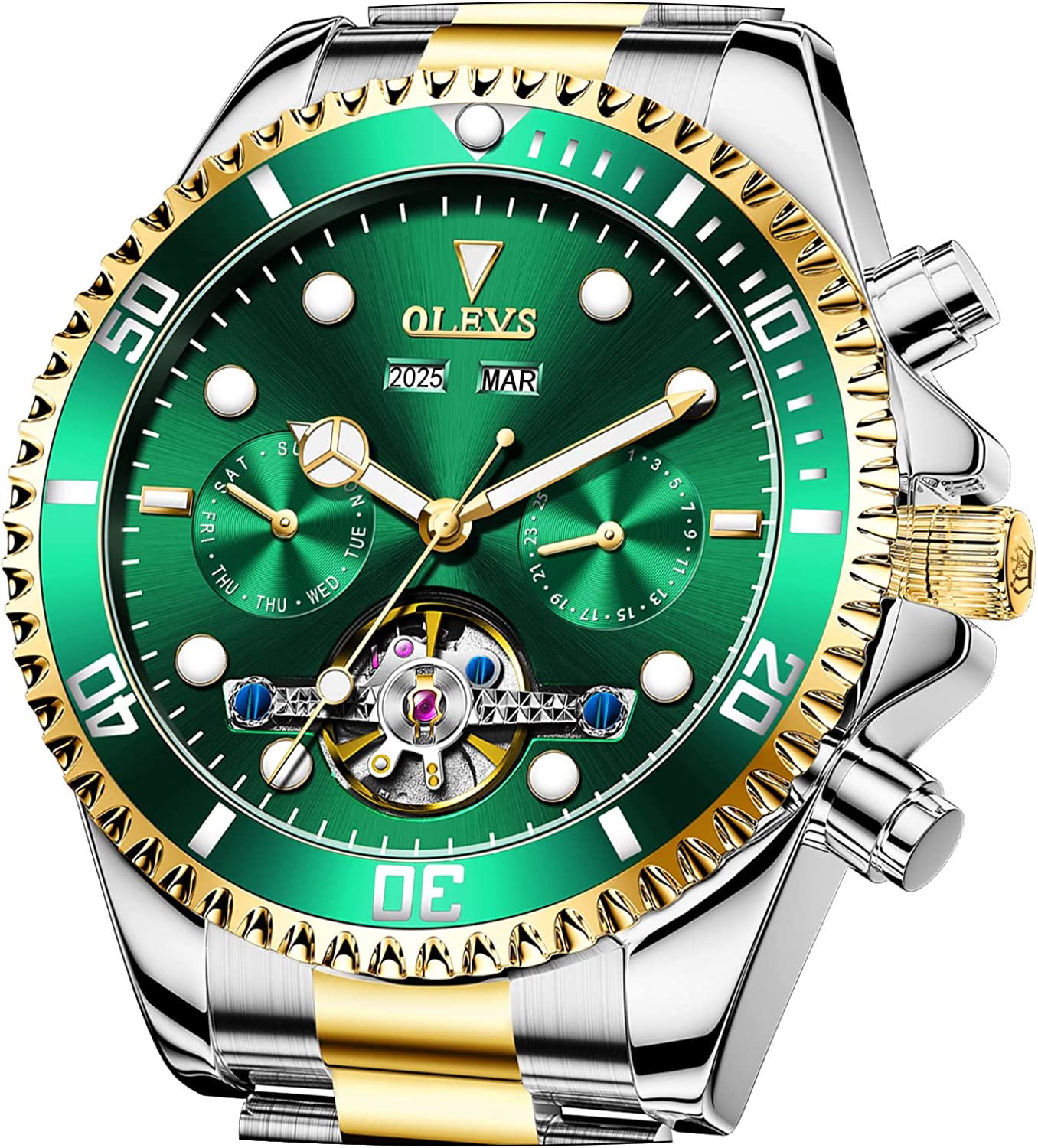 OLEVS Self Winding Watches for Men Automatic Mechanical Dress Tourbillon Stainless Steel Dual Calendar Waterproof Luminous Wrist Watch