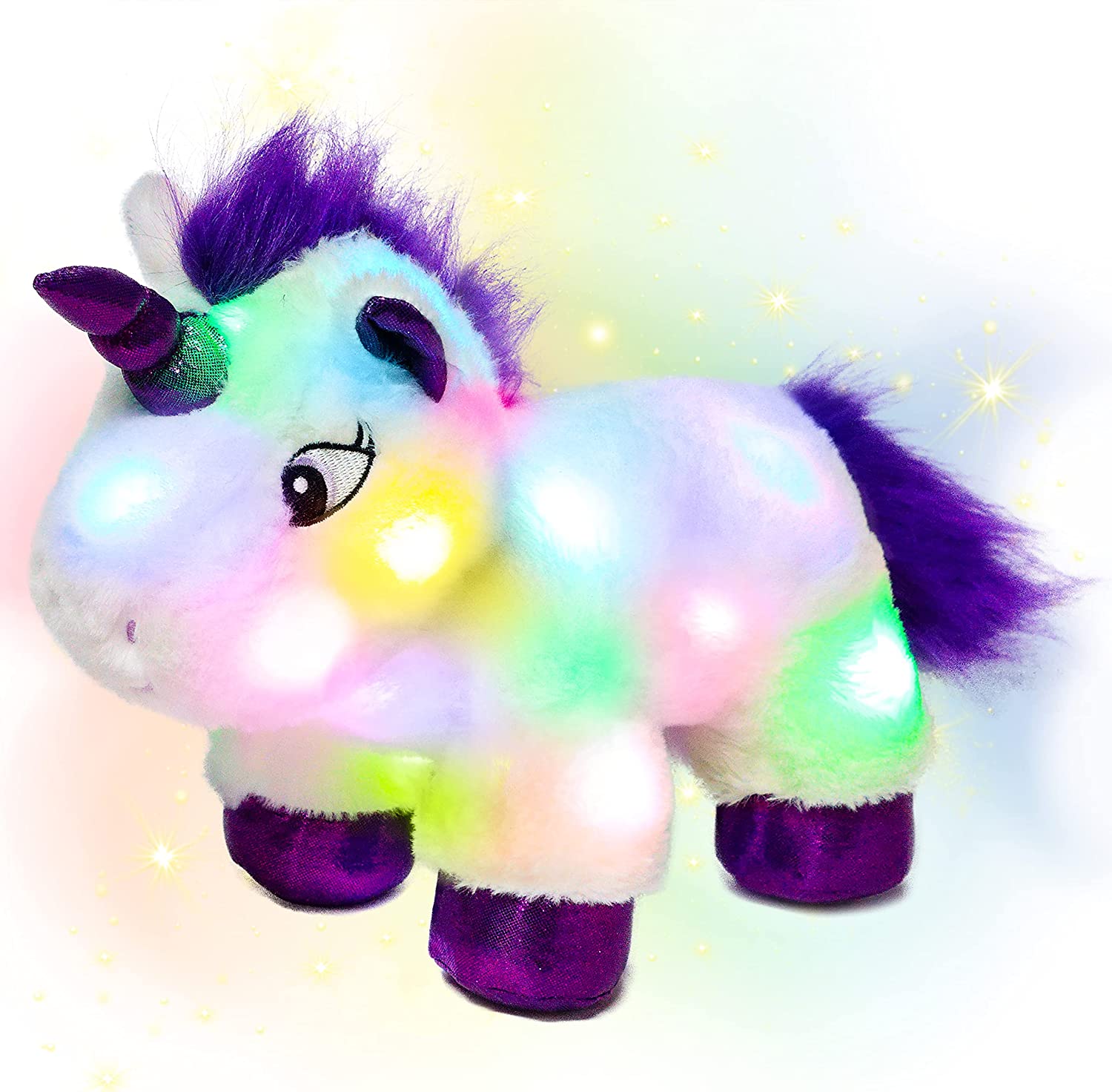 Hopearl LED Plush Unicorn Light up Stuffed Animal Floppy Night Lights Glow in The Dark Birthday Gifts for Kids Toddler Girls, White, 15''