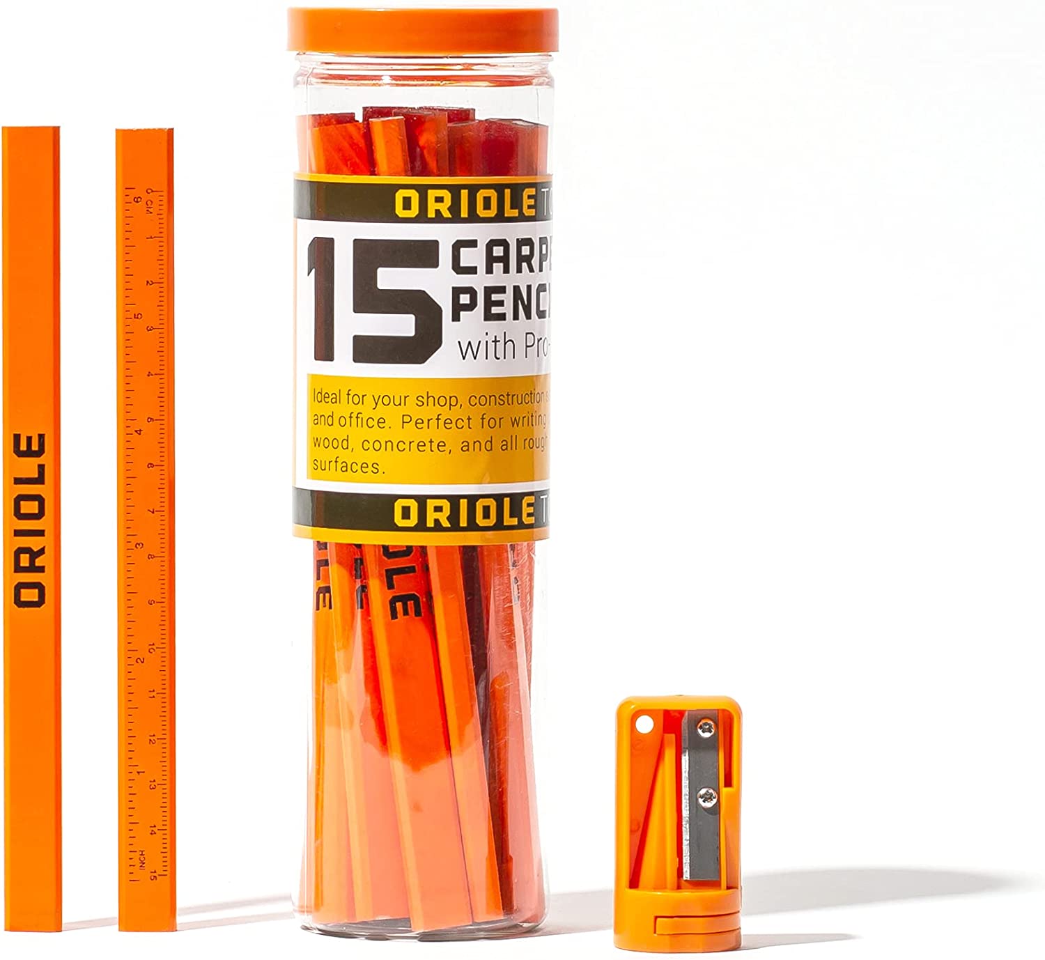 Orange Carpenter Pencil Set - Includes 15 Flat Construction Pencils with Printed Ruler, 1 Carpenter Pencil Sharpener & 1 Clear Storage Container - Smoothly Write on Wood, Concrete & Stone - Pencil Kit