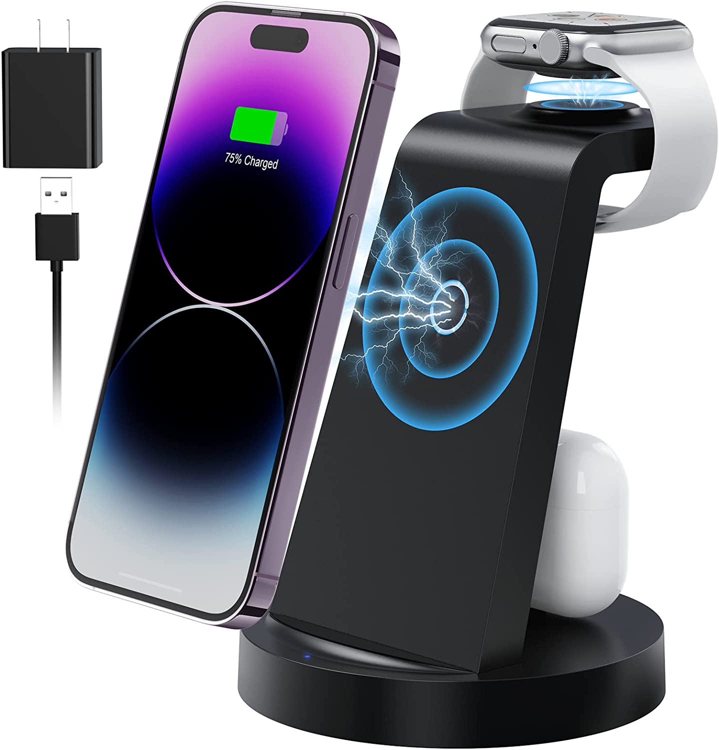Wireless Charging Station, 3 in 1 Wireless Charger for iPhone 14/13/12/11/Pro/Max/SE/XS/XR/X/8 Plus/8, Fast Wireless Charging Stand Dock for Apple Watch Series & Airpods(with Adapter)