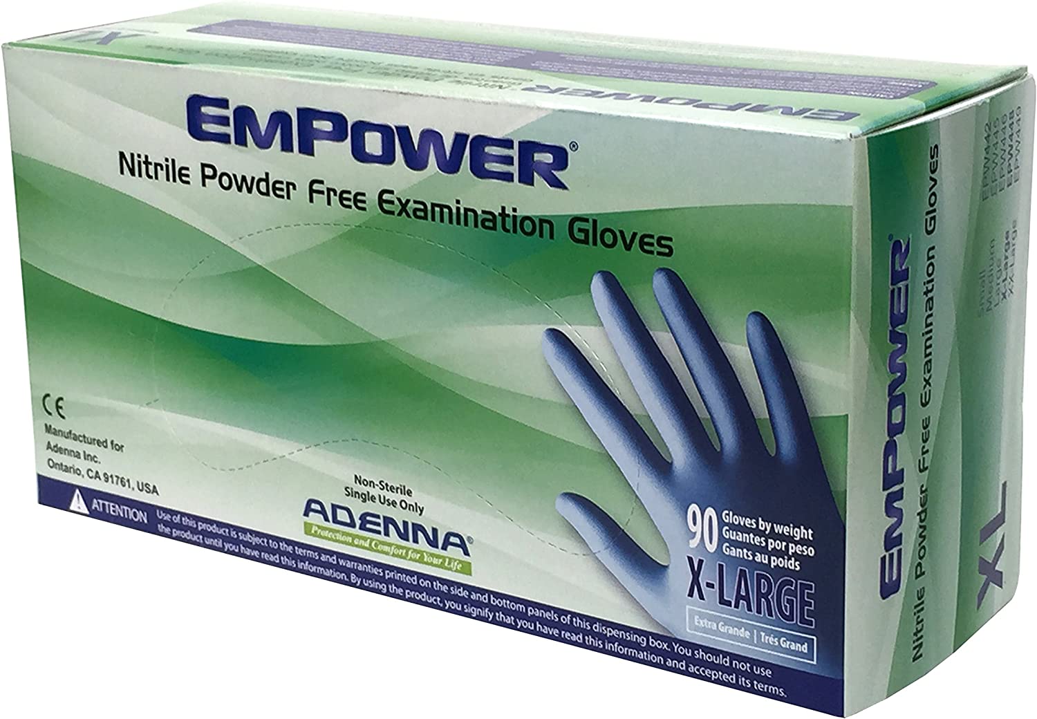 Adenna EPW448 Empower 8 mil Nitrile Powder Free Exam Gloves (Blue, X-Large) Box of 90