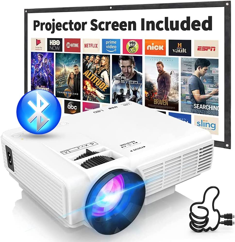 2023 Upgraded Mini Projector with Bluetooth and Projector Screen, Full HD 1080P Supported Portable Video-Projector, Home Theater Movie Projector Compatible with HDMI,VGA,USB,AV,Laptop,Smartphone