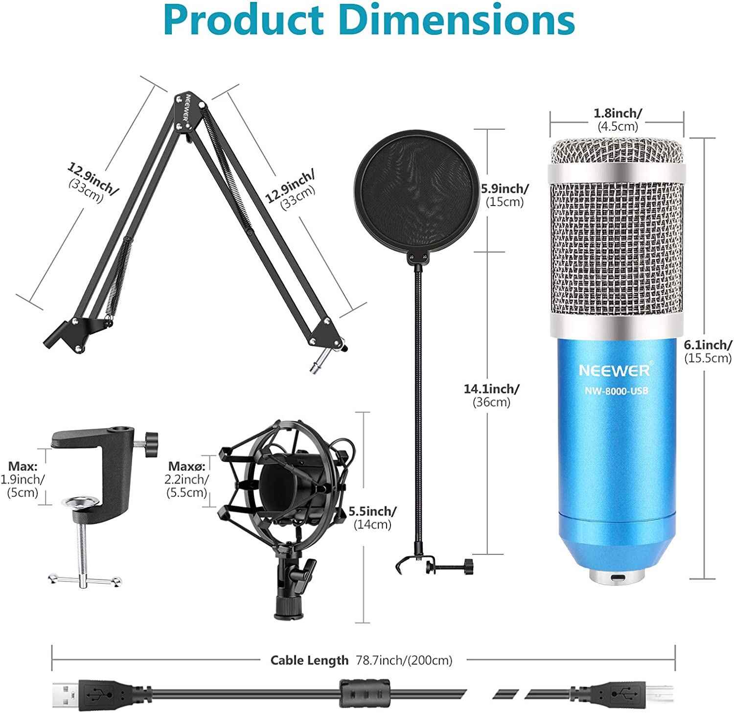 Neewer USB Microphone Kit 192KHZ/24BIT Plug&Play Computer Cardioid Mic Podcast Condenser Microphone with Professional Sound Chipset for YouTube/Gaming Record, Arm Stand/Shock Mount (Blue)(NW-8000-USB)