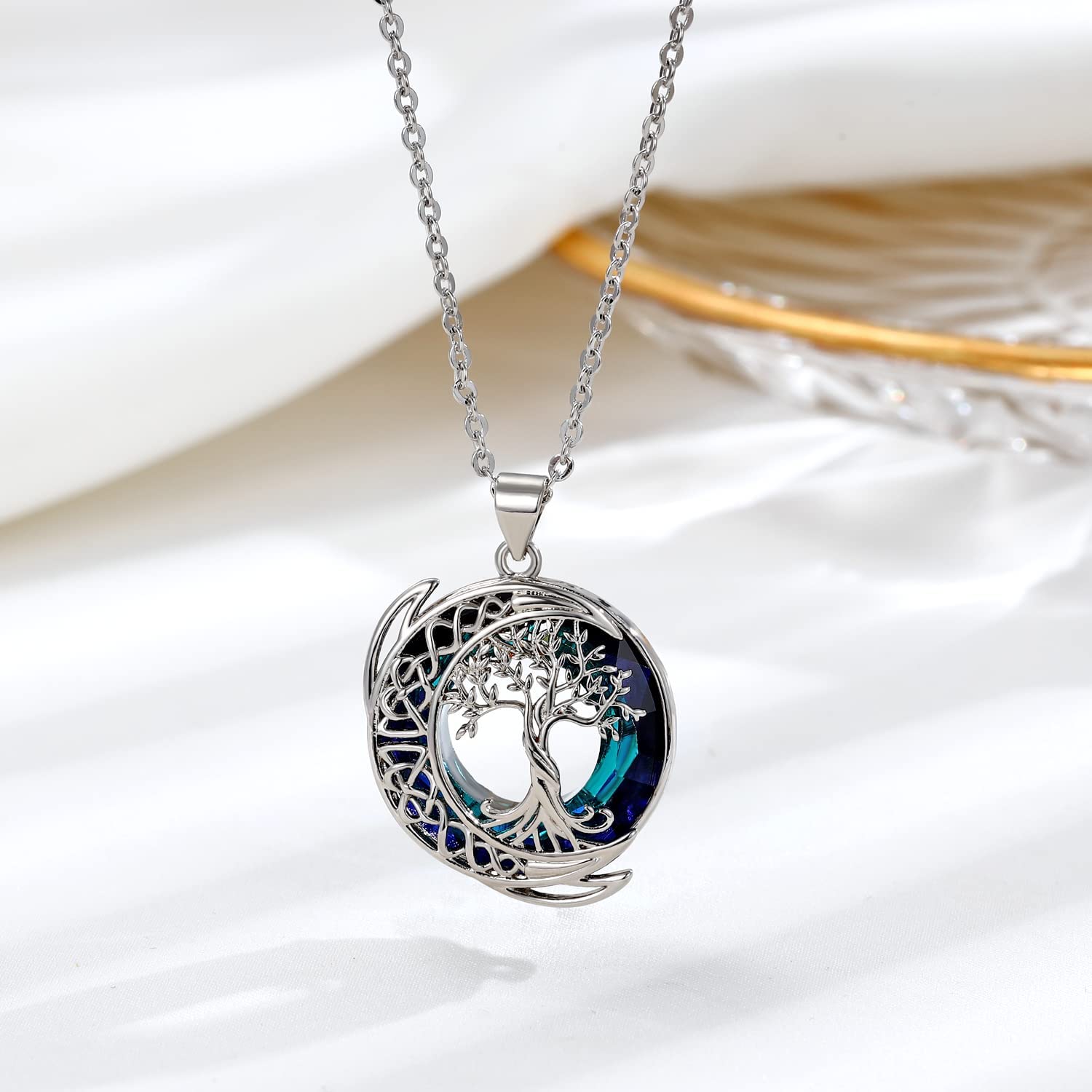 Kattepote Moon Tree of Life Necklace S925 Sterling Silver Crystal Tree of Life Pendant Necklace Celtic Knot Full Moon Tree of Life Women&#39;s Jewellery Gift