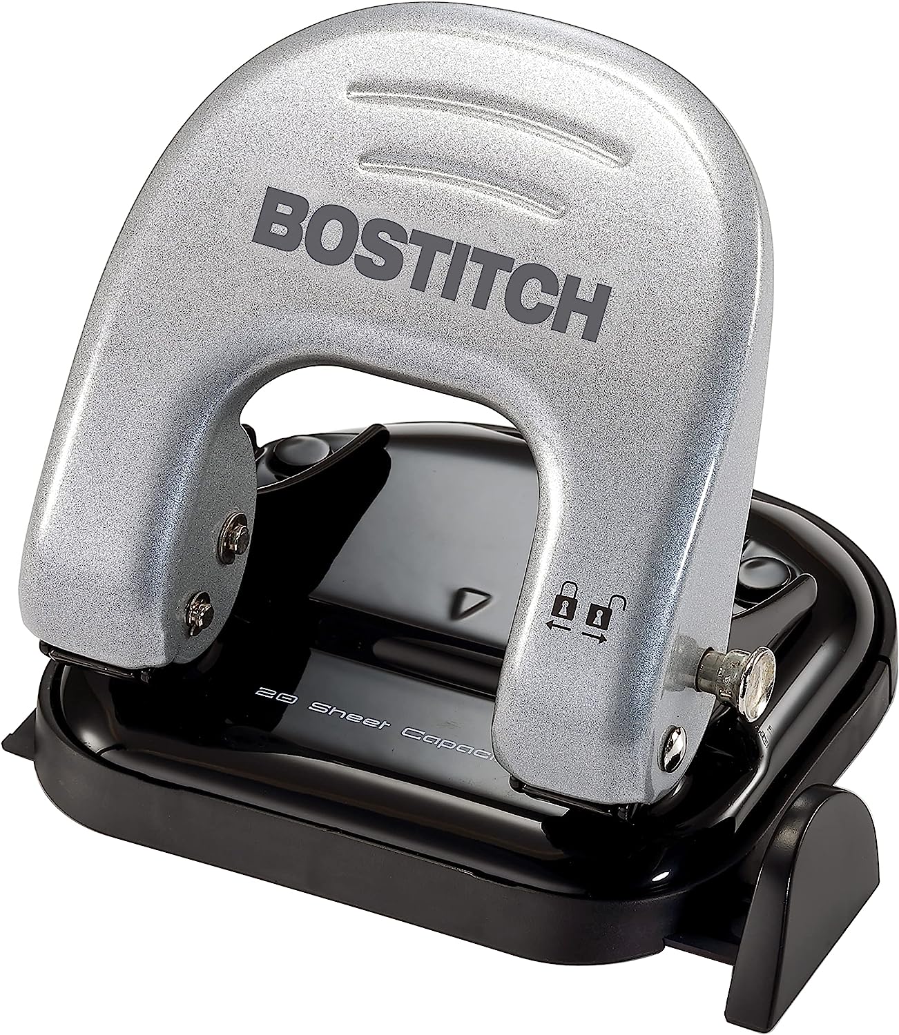 Bostitch Office EZ Squeeze Reduced Effort 2-Hole Punch, 20 Sheets, Locking Handle, Silver (2310)