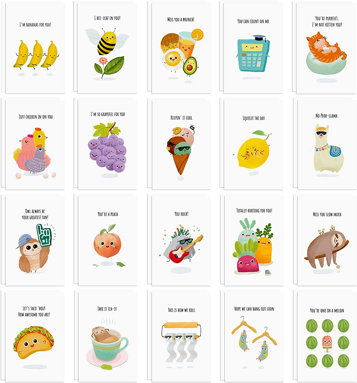 40 Funny Postcards Punny Puns - Bulk Thinking of You Postcard Pack for Friends, Family, Kids, Students, Teacher, and More - Say Hello, Thank You or I Miss You with Hilarious Animals and Food Cartoon N