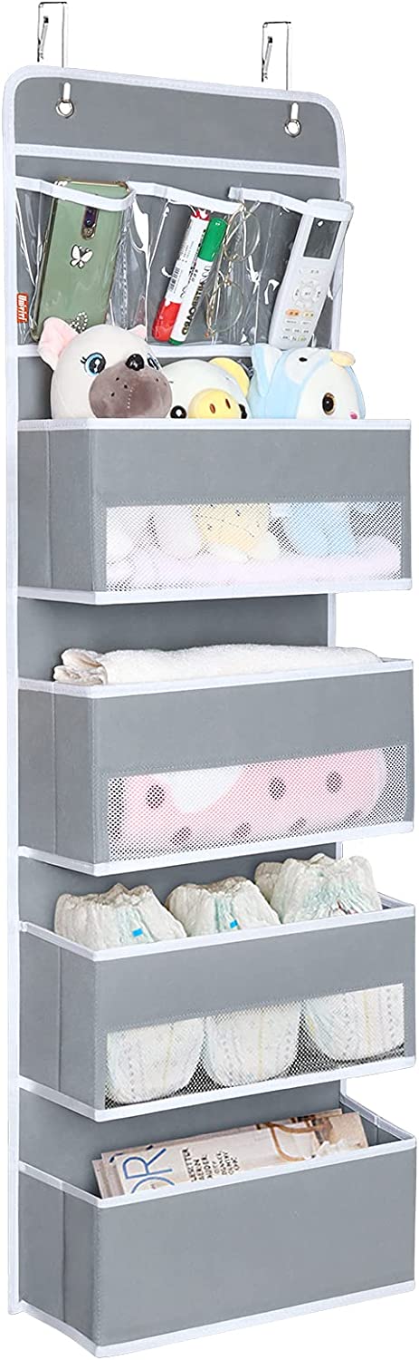 Univivi Door Hanging Organizer Nursery Closet Cabinet Baby Storage with 4 Large Pockets and 3 Small PVC Pockets for Cosmetics, Toys and Sundries Grey