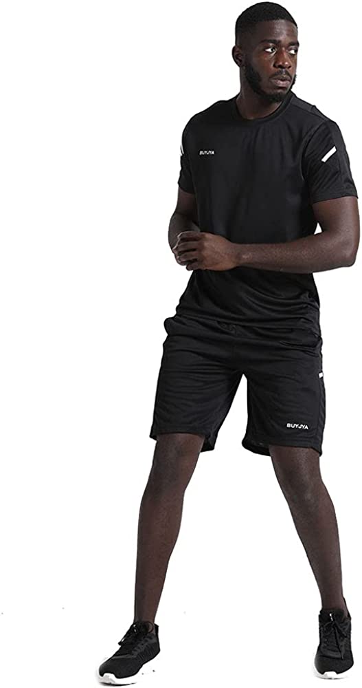 BUYJYA Men's Workout Clothes Athletic Shorts Shirt Set 3 Pack for Basketball Football Exercise Training Running Gym