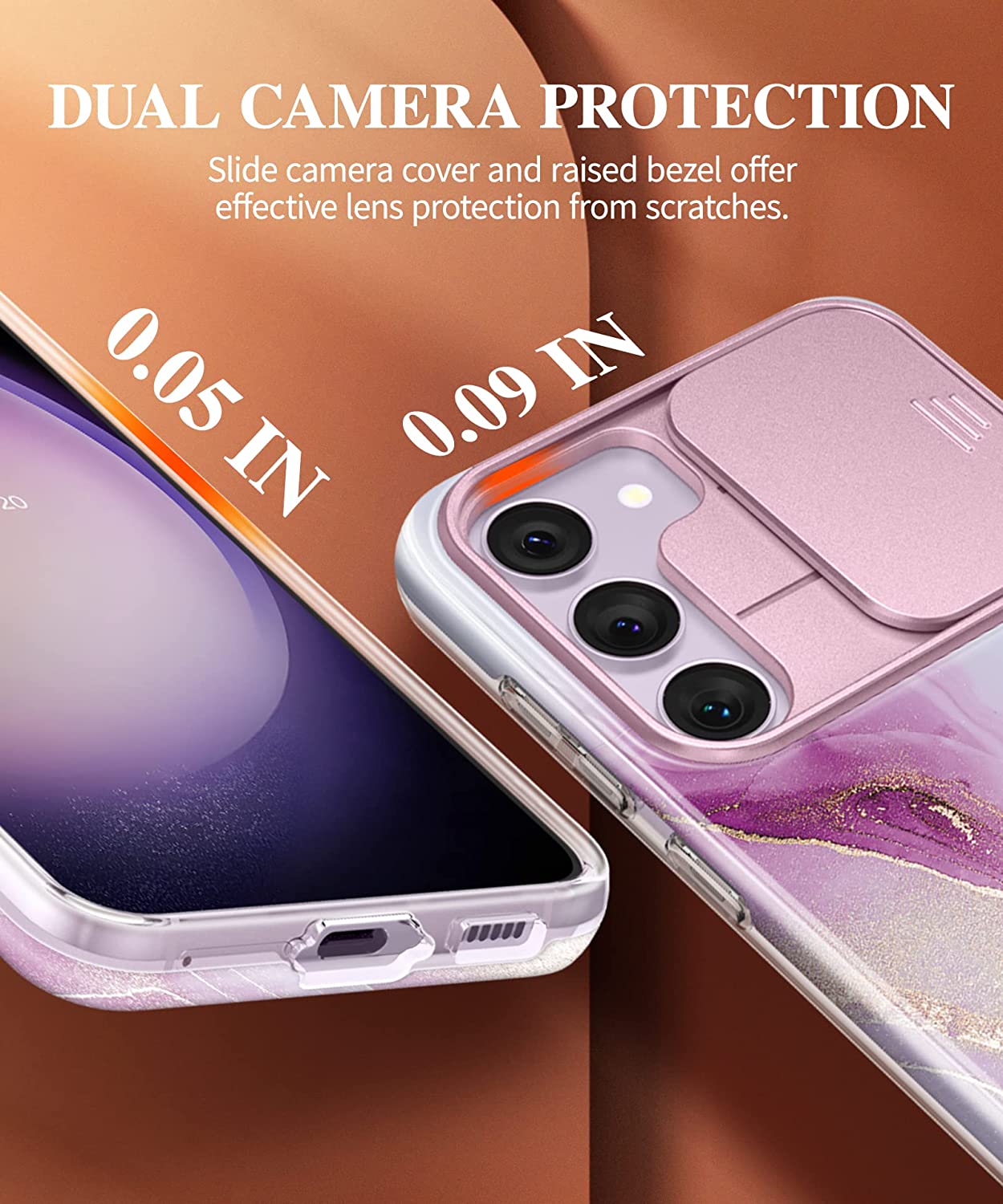 GVIEWIN Case Compatible with Samsung Galaxy S23 Plus with Slide Camera Cover + Screen Protector, [10FT Military Shockproof] Marble Slim Protective Phone Case, 5G 6.6-Inch 2023 (Dreamland River/Purple)