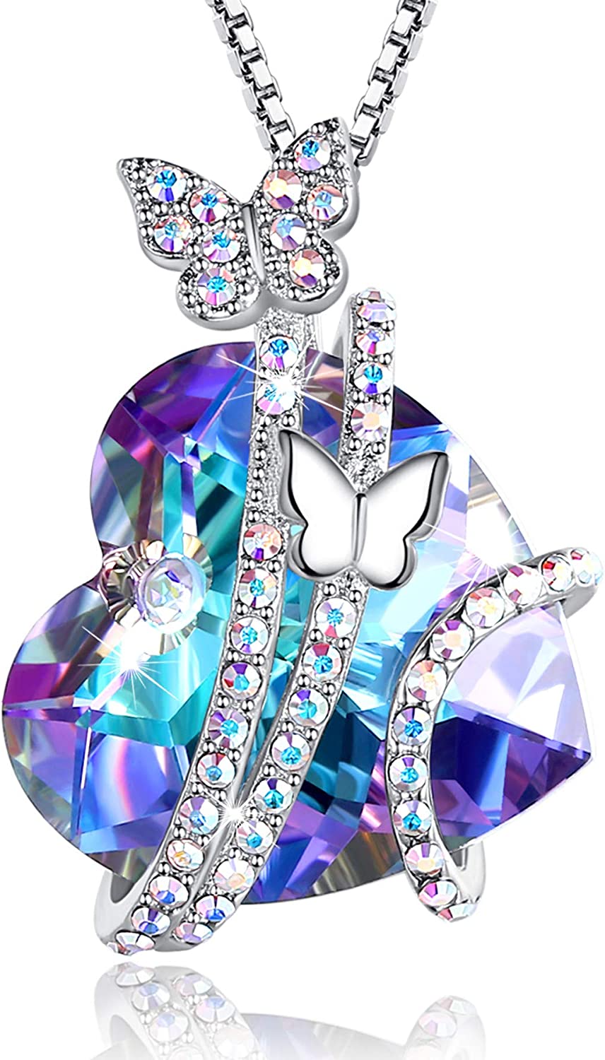 ASELFAD Butterfly Love Heart Pendant Necklaces with Birthstone Crystals, Mothers Day Gifts, Anniversary Birthday Jewelry for Women Mom Wife Girlfriend