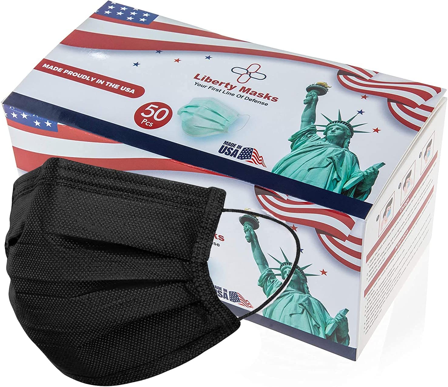 [50-Pack] Liberty Masks | Made in USA | Black | 3 Ply Disposable Face Masks | Adjustable Nose Wire | Breathable Face Covering | Lightweight | Soft Elastic Ear Loops