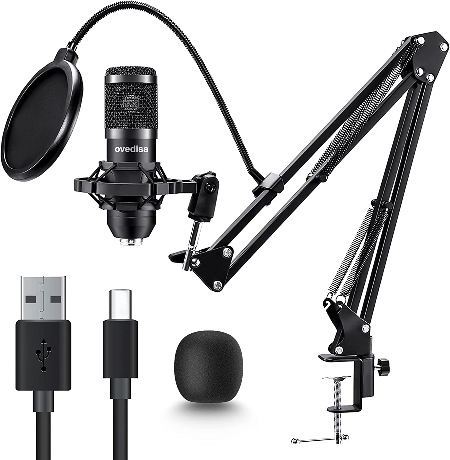 ovedisa USB Microphone, Professional 192kHz/24Bit Plug & Play PC Computer Condenser Cardioid Mic Kit with Sound Advanced Chipset, for Streaming, Podcast, Studio Recording and Games