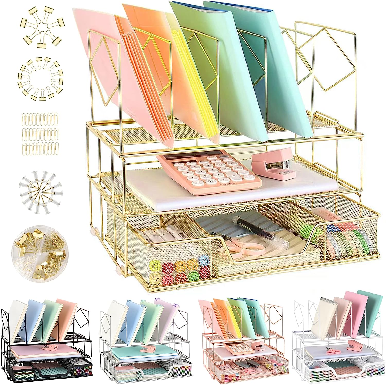 Youbetia Desk Organizers and Accessories - Double Tray and 5 Upright Sections, Office Supplies Desk Organizer with Drawer, File Office Organization with Binder Clips, Gold