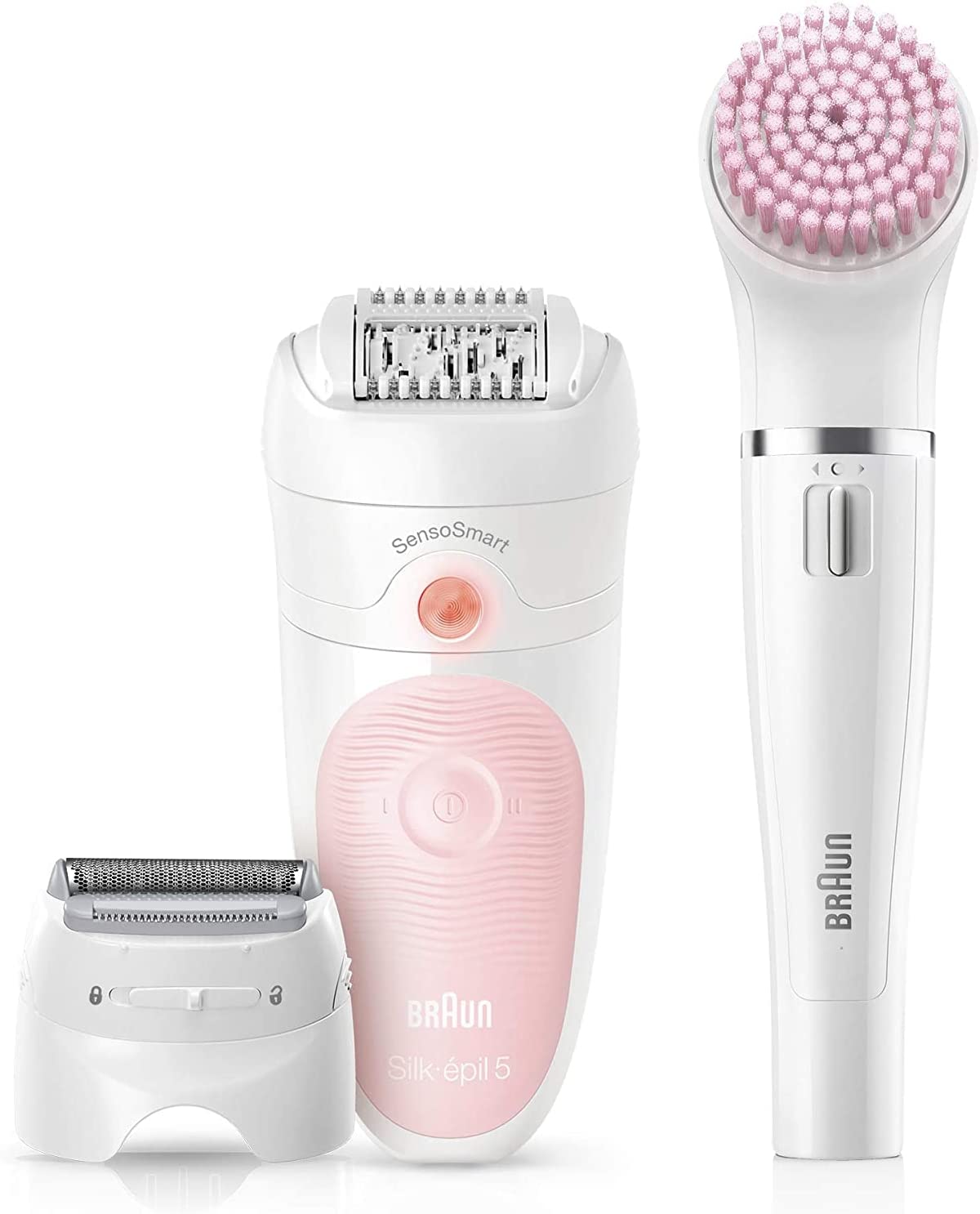 Braun Silk-épil Wet & Dry 5 5-895 Beauty Set, Women Epilator for Hair Removal, Attachments Made for Shaving, Peeling & Facial and Body Cleansing - White / Flamingo