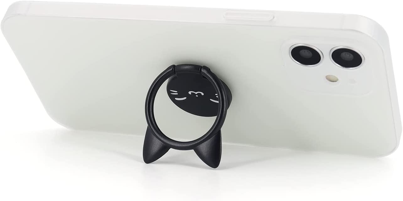 LaMignonne Cat Cell Phone Ring Holder Ultra-Slim Metal Finger Grip 360° Rotation & 180° Flip Universal Phone Kickstand for Magnetic Car Mount Compatible with All Smartphones (Black-Smile)