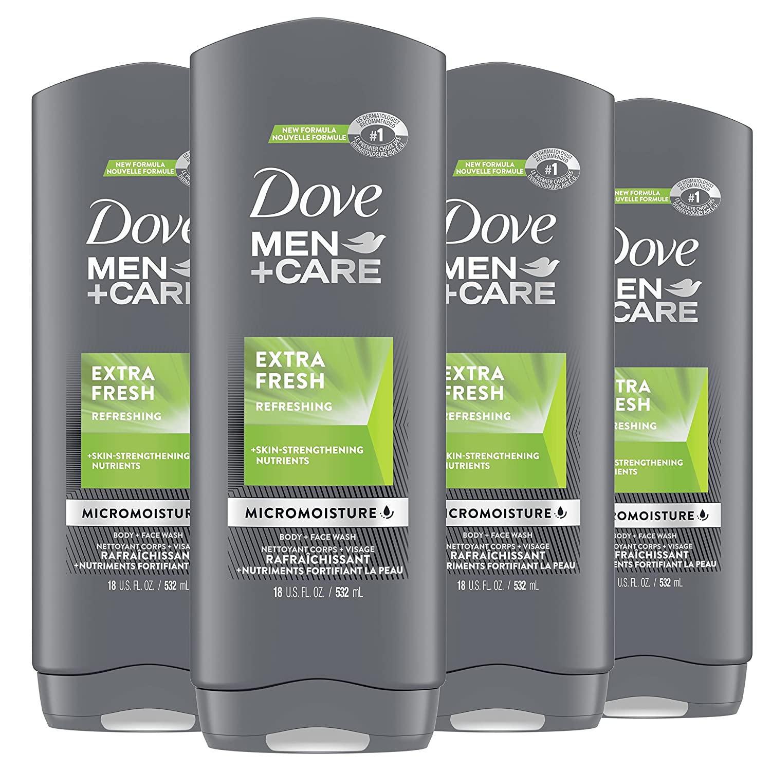 Dove Men+Care Body Wash Extra Fresh 4 Count for Men's Skin Care Body Wash Effectively Washes Away Bacteria While Nourishing Your Skin, 18 oz