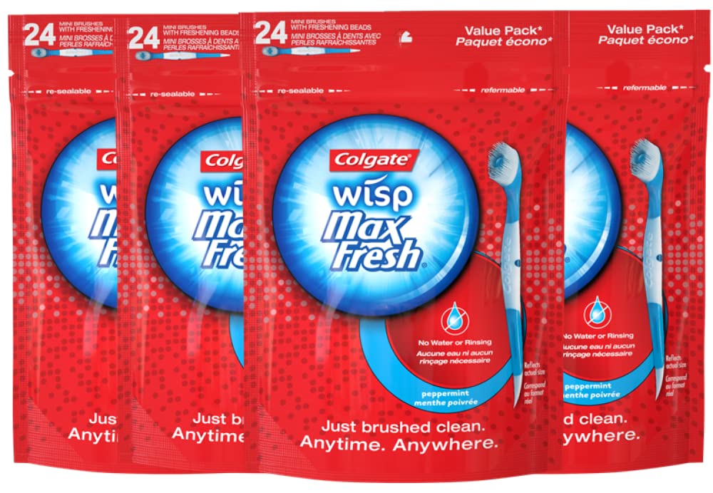 Colgate Max Fresh Wisp Disposable Mini Travel Toothbrushes, Peppermint, 24 Count (Pack of 4)