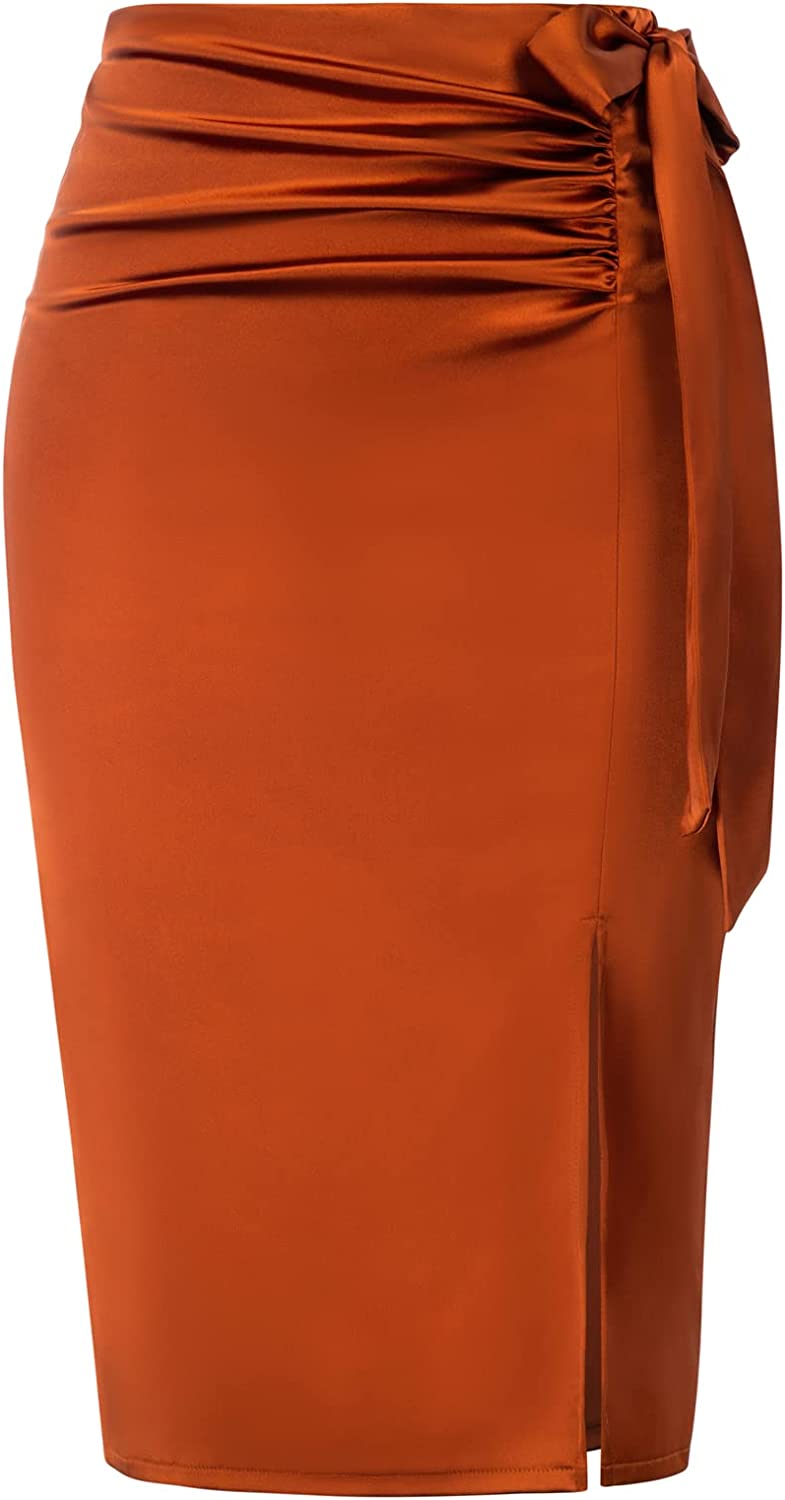 Kate Kasin Women's Satin Silk Bodycon Split Skirt High Waist Bow Tie Knee Length Pencil Midi Skirts Wear to Work