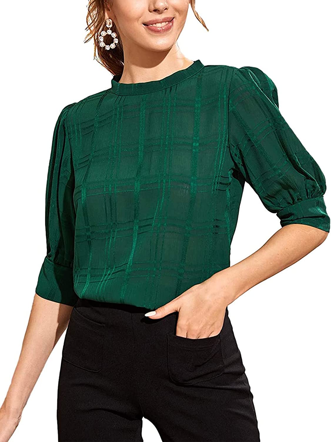SheIn Women's Grid Office Blouse Work Top Puff Sleeve Shirt Blouses