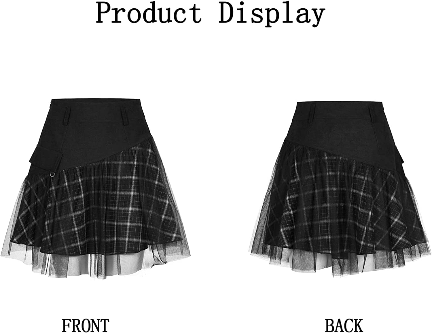 PUNK RAVE DAILY Women Gothic Skirts Women Goth Mini Plaid Skirt with Tulle Punk Dunk High Waist A-Line Party Skirt