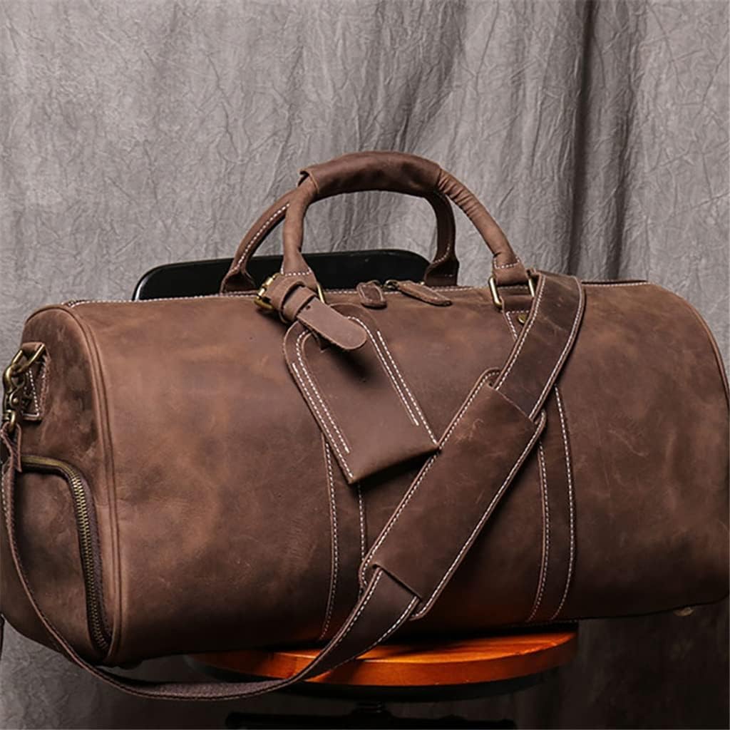 FEER Men's Genuine Leather Travel Bag Vintage Large Capacity Single Shoulder Messenger Hand Luggage Bag for 15 Inch Laptop