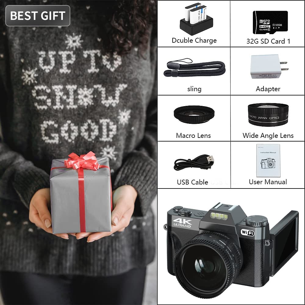 WIKICO 4K Vlogging Camera 48MP Digital Camera for Photography on YouTube with WiFi， Fill Light， Manual Focus， 16X Digital Zoom， 52mm Wide Angle Lens &amp; Macro Lens， 2 Batteries and 32GB TF Card（Blac