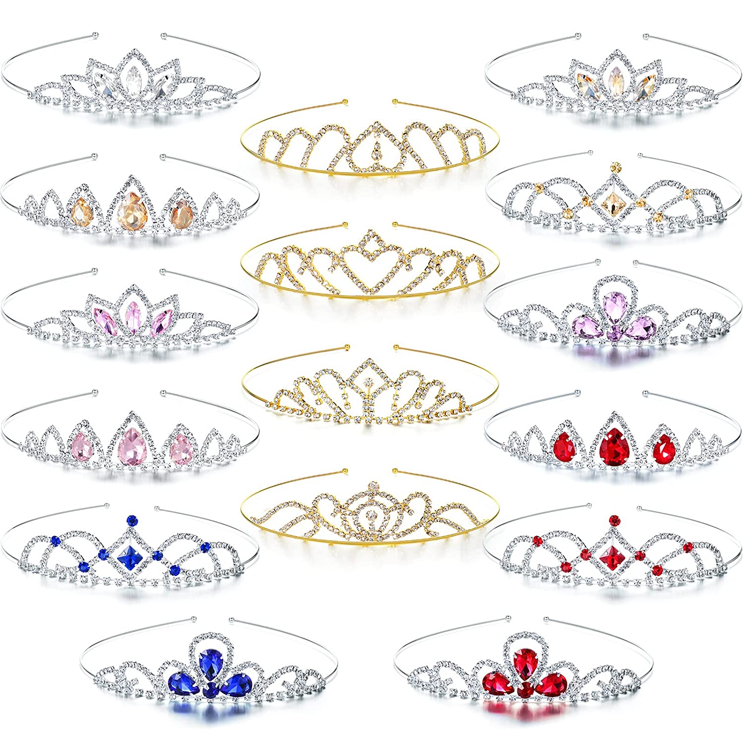 Haull 16 Pieces Girls Crystal Tiara Rhinestone Crown Princess Crystal Headband Crystal Head Crown Colorful Rhinestone Tiara Alloy Crown Headband Hair Accessories for Birthday Parties Hair Styling